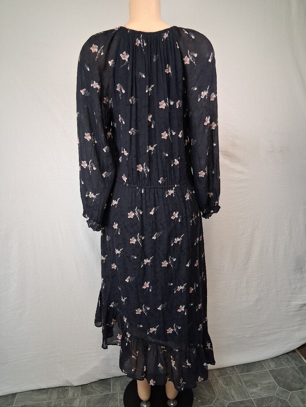 Joie Black Floral Button-Front Long Sleeve Boho spring Midi Dress Size L - Picture 8 of 17